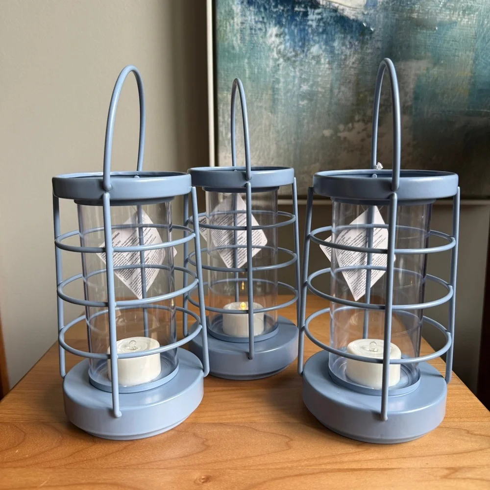 NWT Set of 3 Target Bullseye Playground Nautical Metal Coastal Blue Lanterns